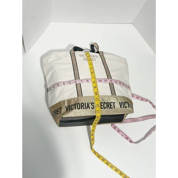 Victoria’s Secret Canvas Tote Structured Shoulder Bag Gold Glitter Cream Color - Picture 6 of 12